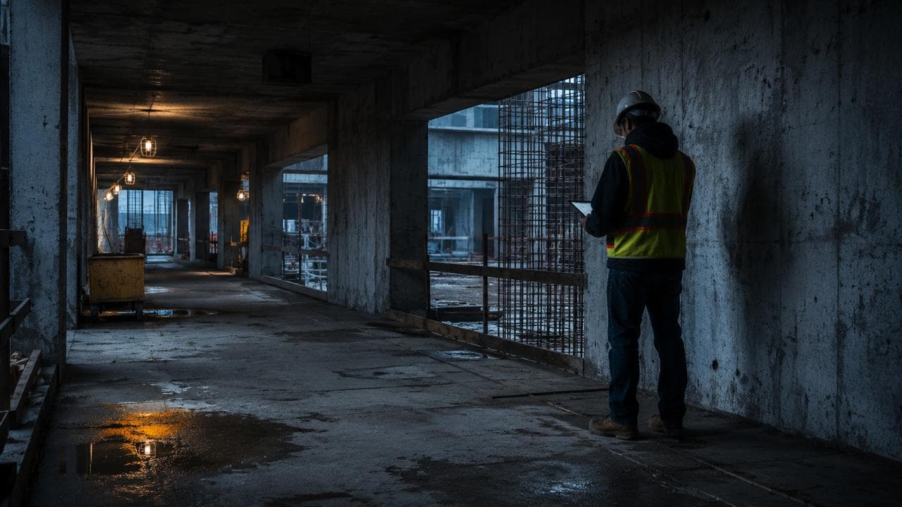 Construction superintendent reviewing specs in a concrete corridor