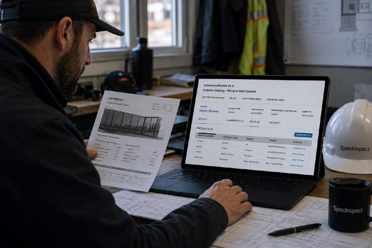 Contractor reviewing a spec submittal on laptop in site office