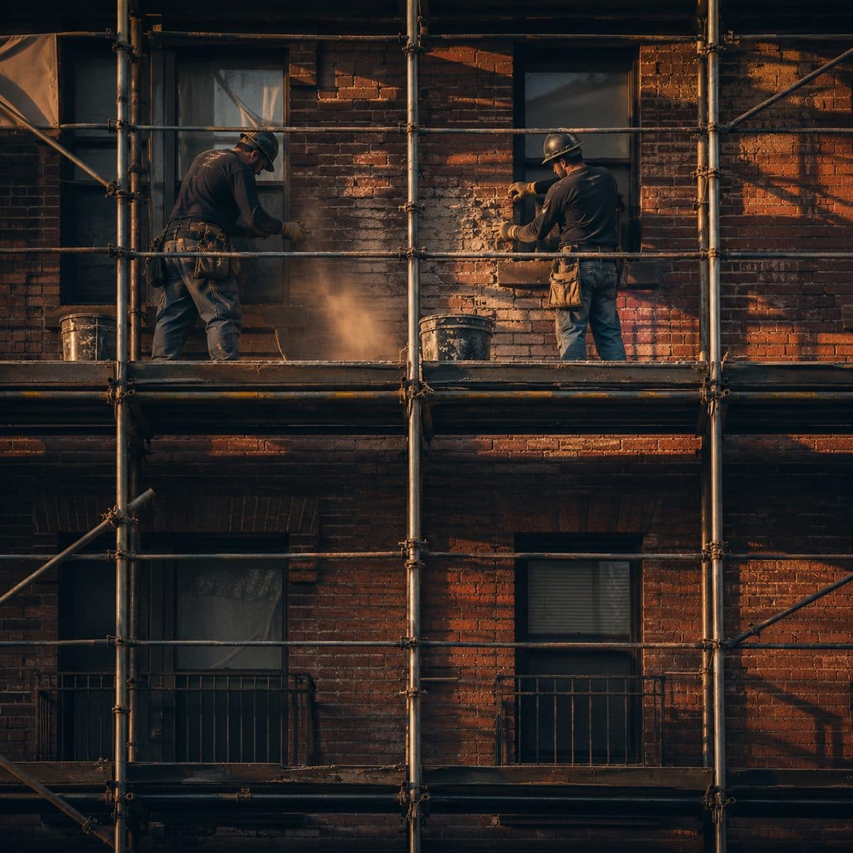 Two workers repointing a brick facade