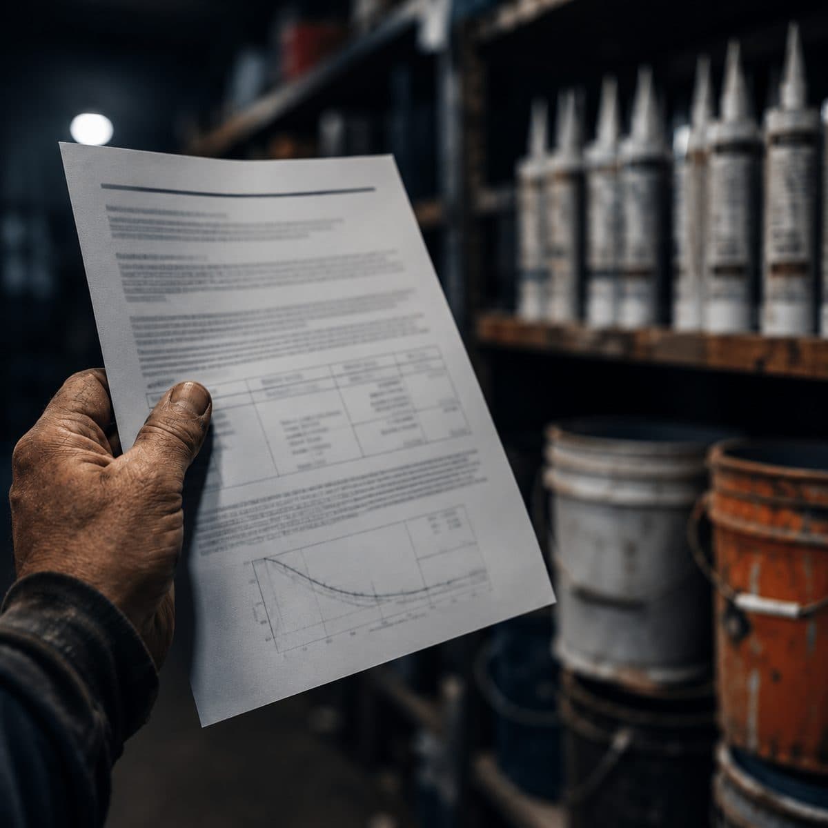Contractor reading a technical data sheet in a supply warehouse
