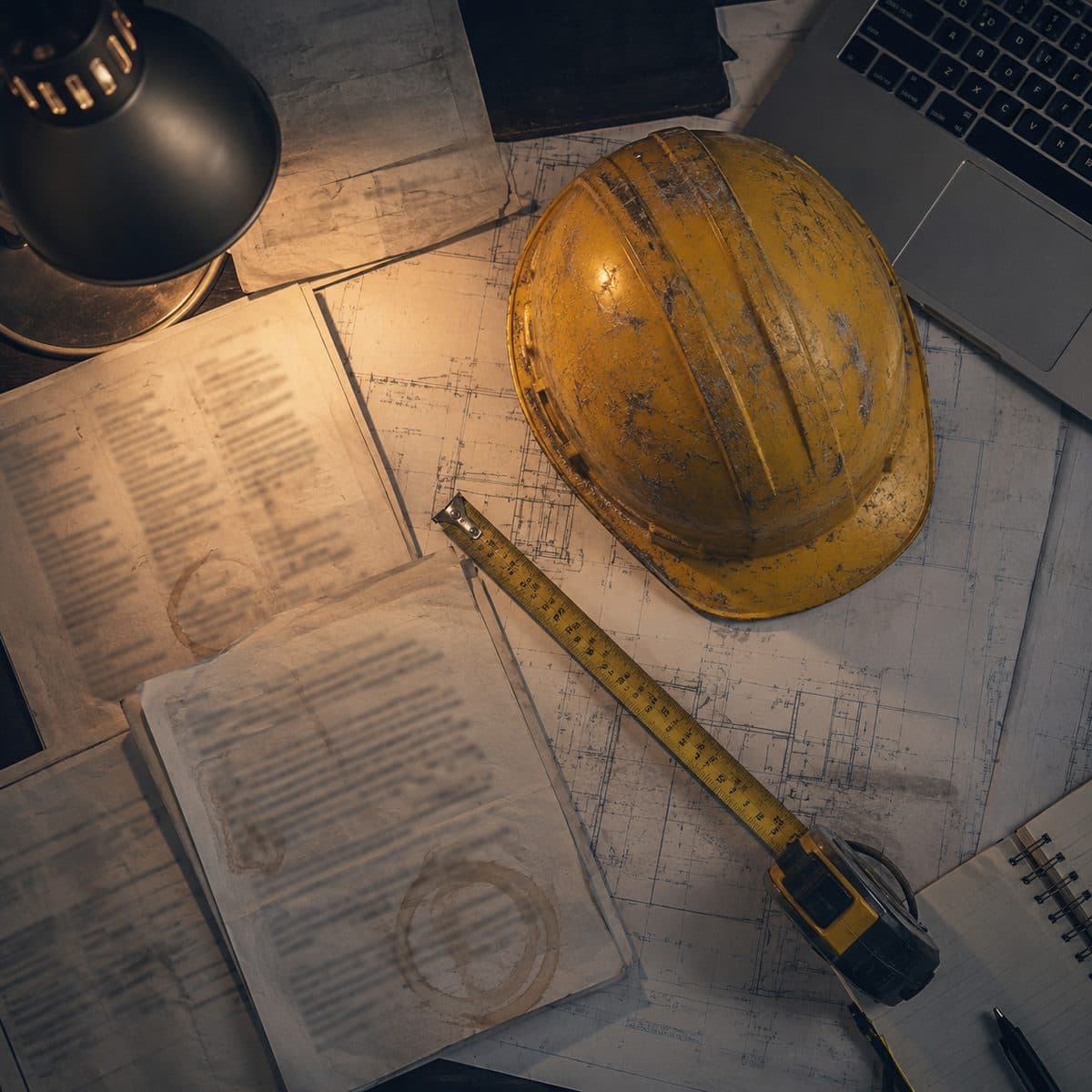 Hard hat, measuring tape, and spec sheets over blueprints