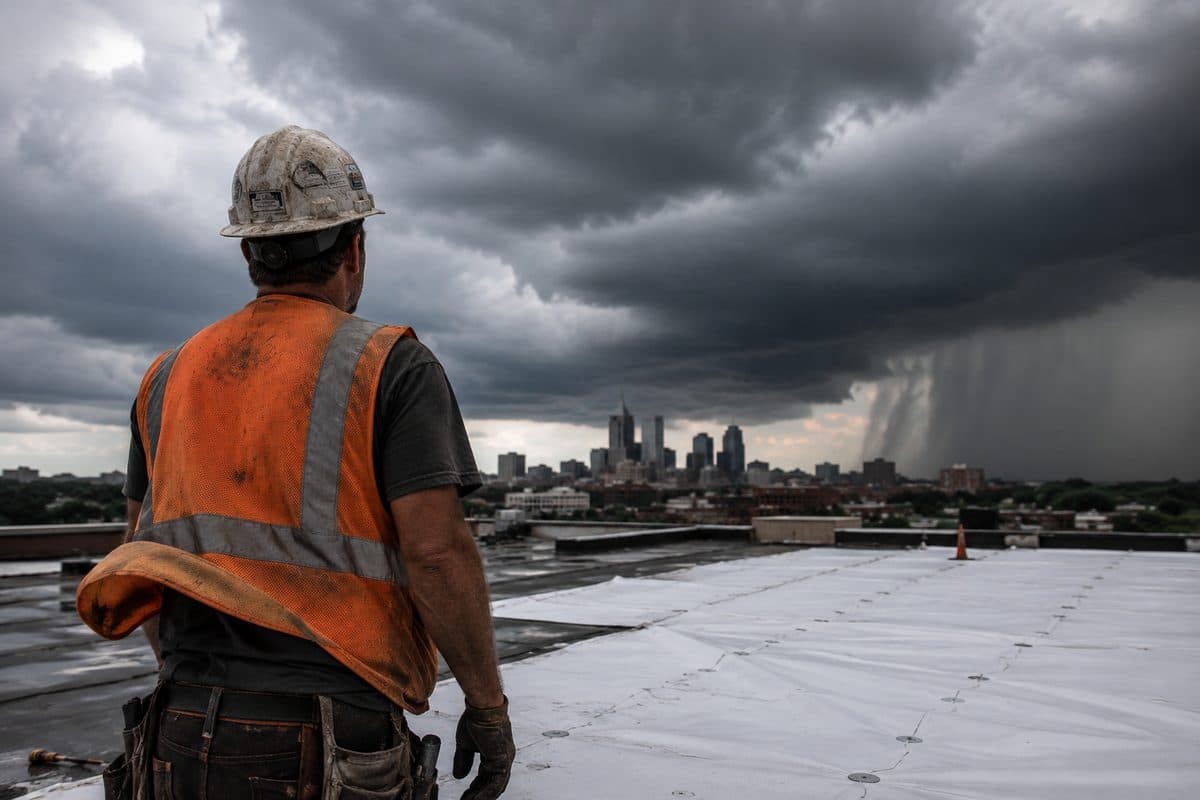 Roofer on a TPO roof watching a storm approach
