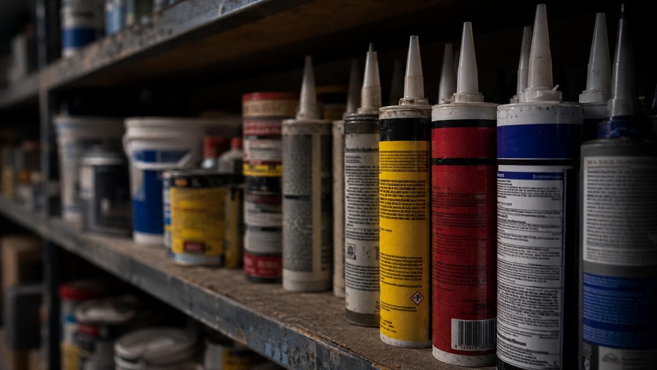 Waterproofing and sealant products on construction supply shelving