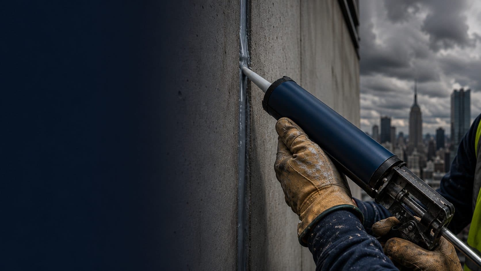Worker applying sealant to a facade expansion joint with the Manhattan skyline behind